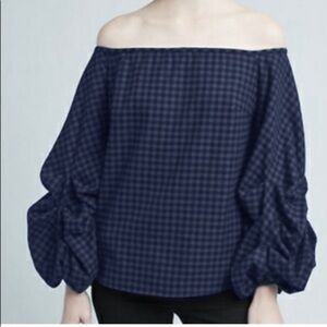 Guest Editor Black & Blue Checkered Off The Shoulder Blouse with Puff Sleeves
